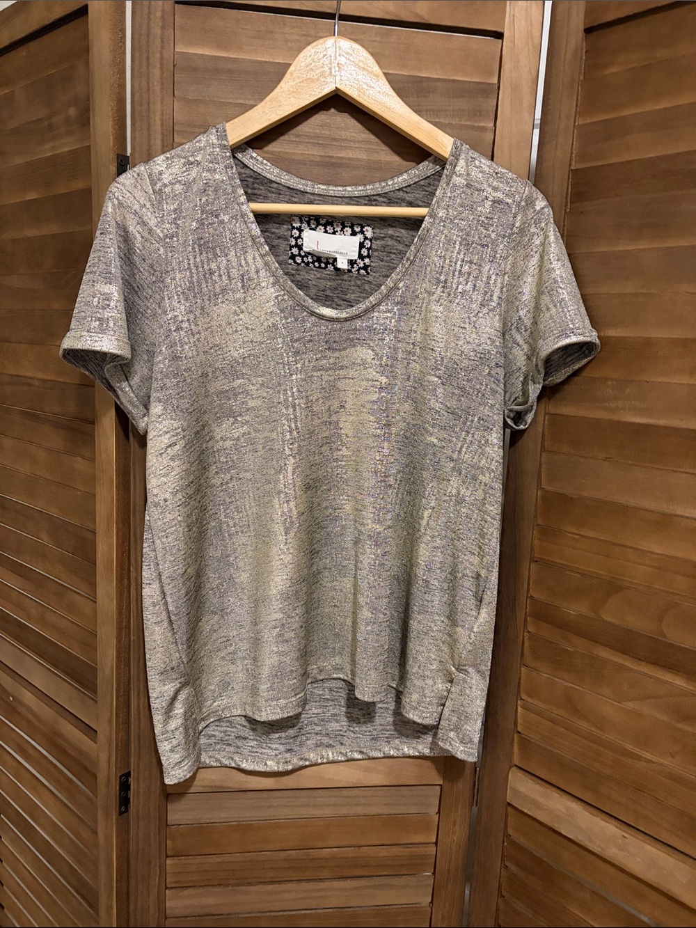 Anthropologie Short Sleeve V-Neck Gold Metallic Top